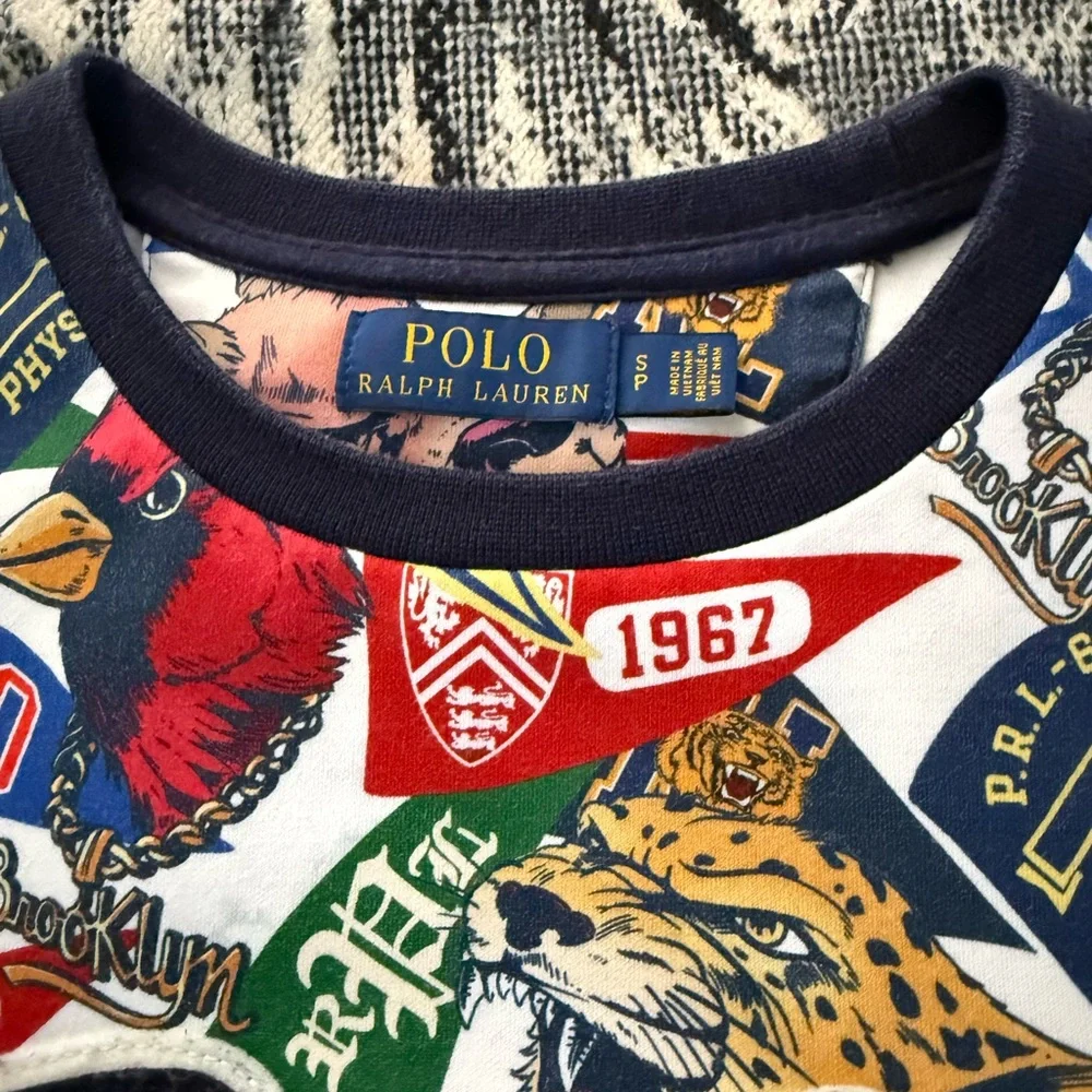 Polo Ralph Lauren University Mascot Graphic Scripted Patchwork Crewneck Sweater